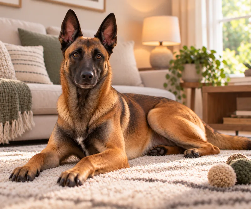 Belgian Malinois in a cosy interior