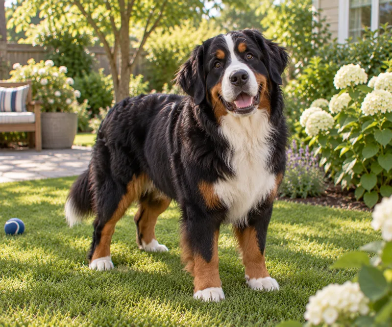 Bernese Mountain Dog in a garden