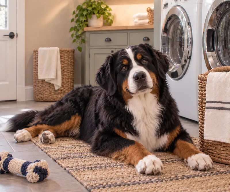 Bernese Mountain Dog in a cosy interior