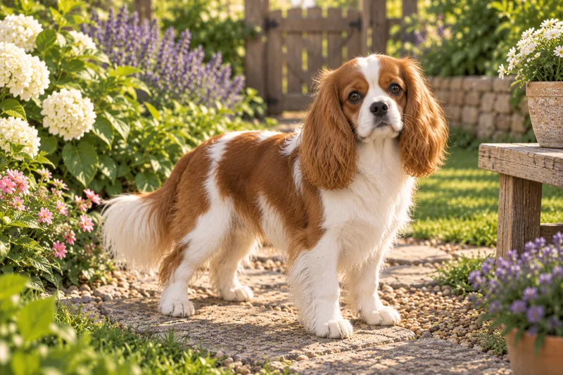 Cavalier King Charles Spaniel in a garden