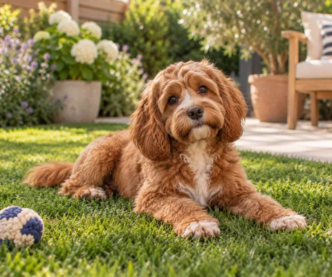 Cavapoo in a garden