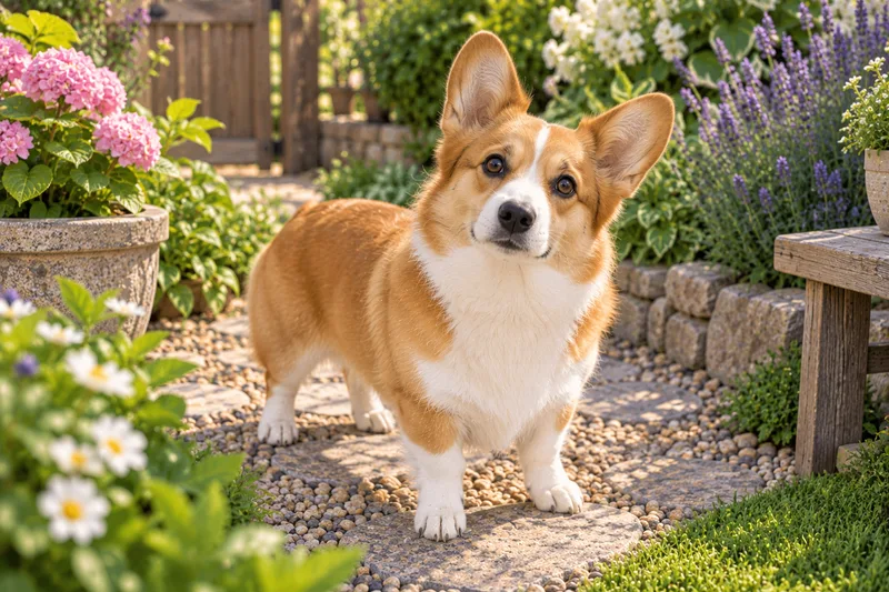 Corgi in a garden