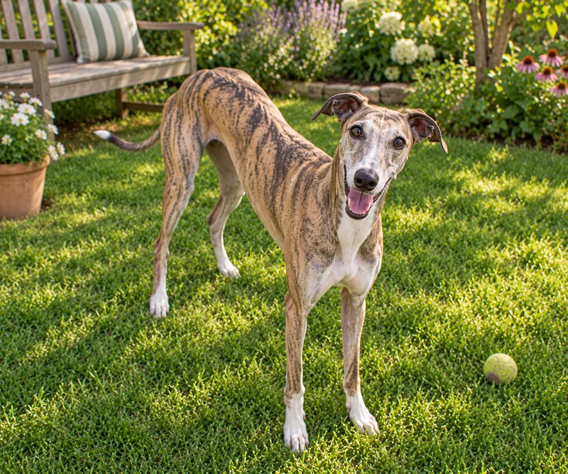 Greyhound in a garden