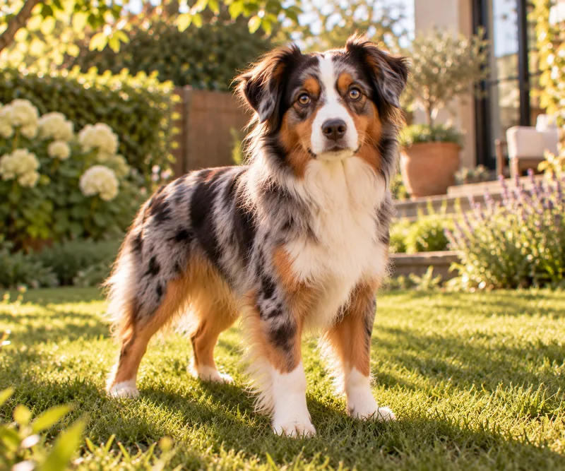Miniature American Shepherd in a garden
