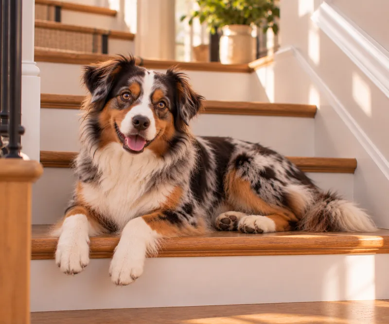 Miniature American Shepherd in a cosy interior