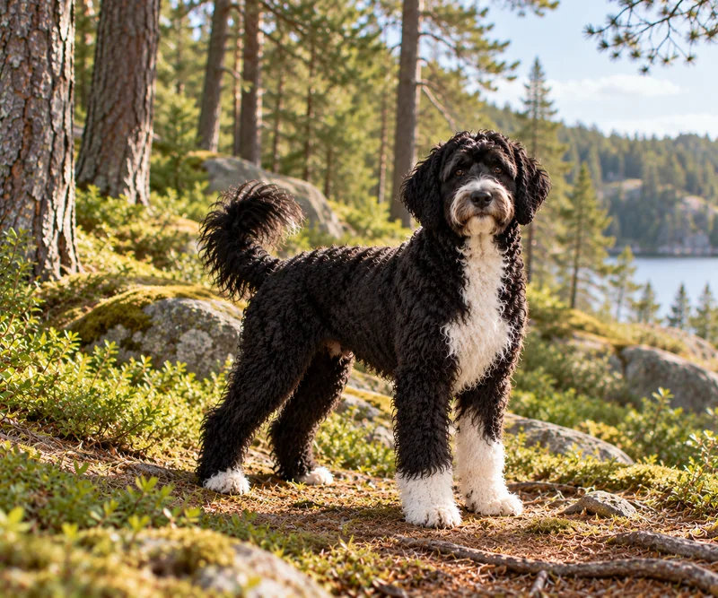 Portuguese Water Dog in a garden