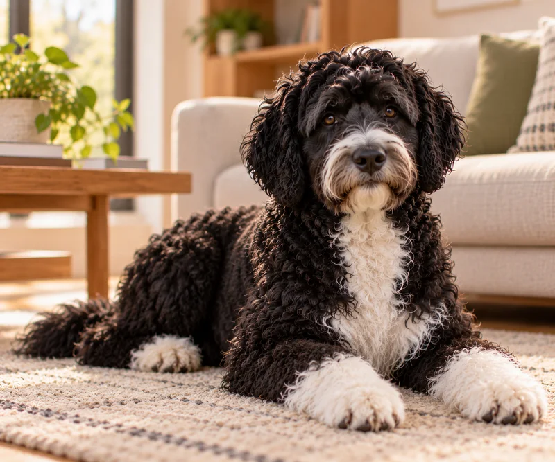Portuguese Water Dog in a cosy interior