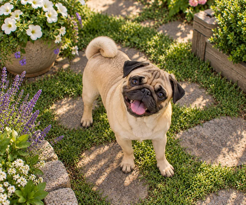 Pug in a garden