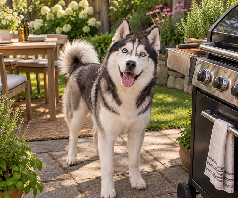 Siberian Husky in a garden